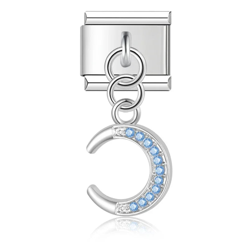 Pendentif Lune Strass Bleu